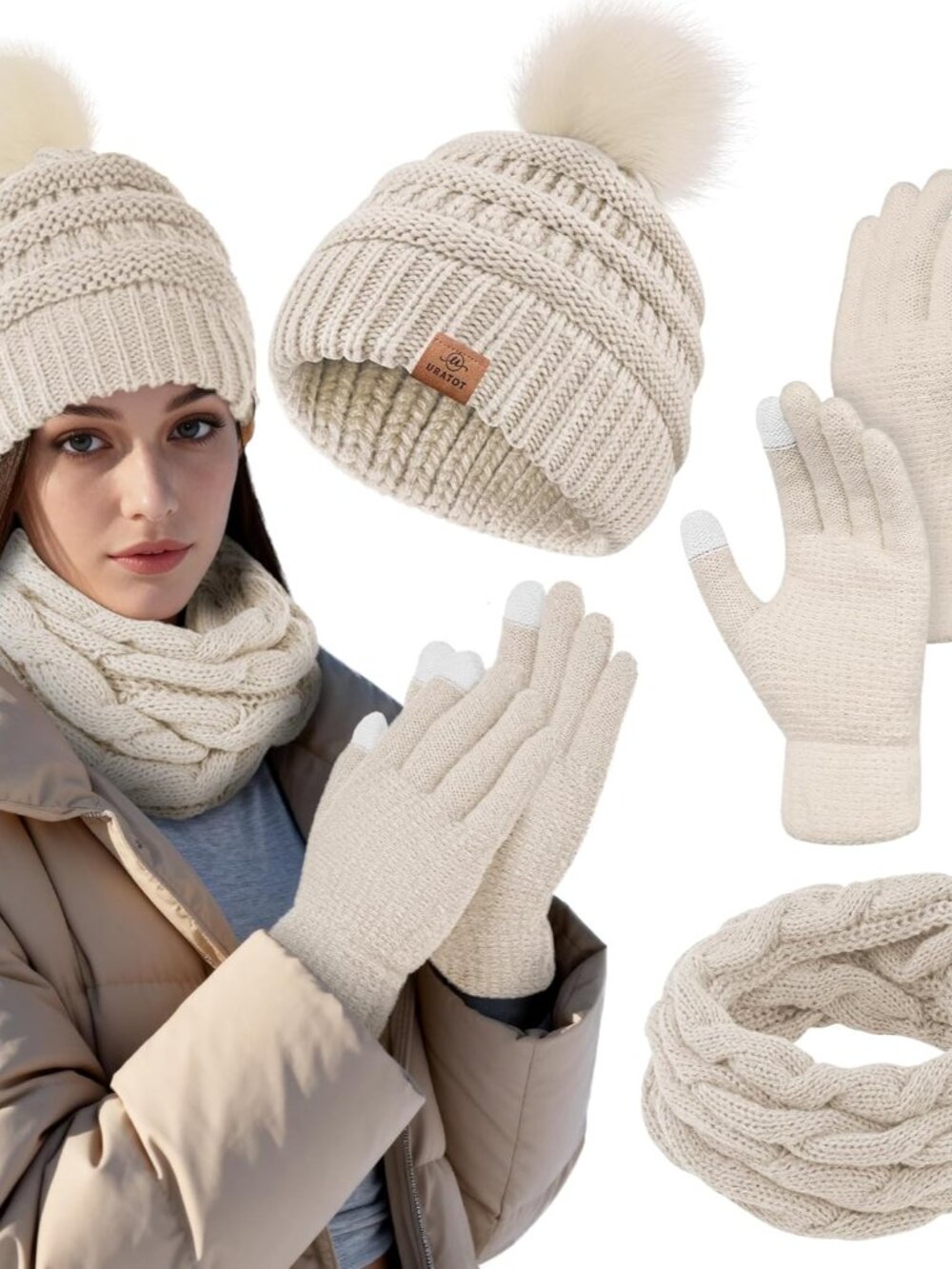 Winter Warm Knitted Sets Beanie Pompom Hat Scarves Winter Touchscreen Gloves Sca - Picture 1 of 6